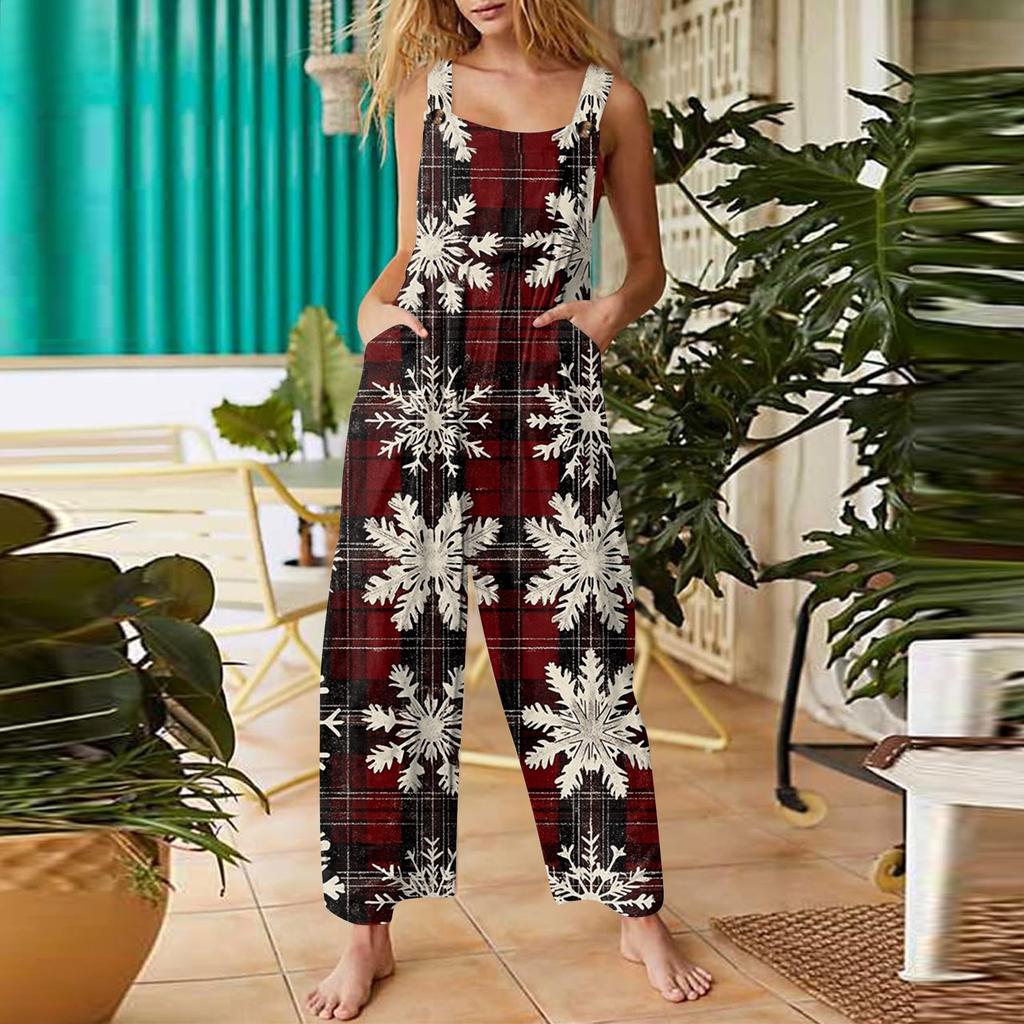 Женский модный повседневный винтажный комбинезон без рукавов с рождественским принтом на пуговицах