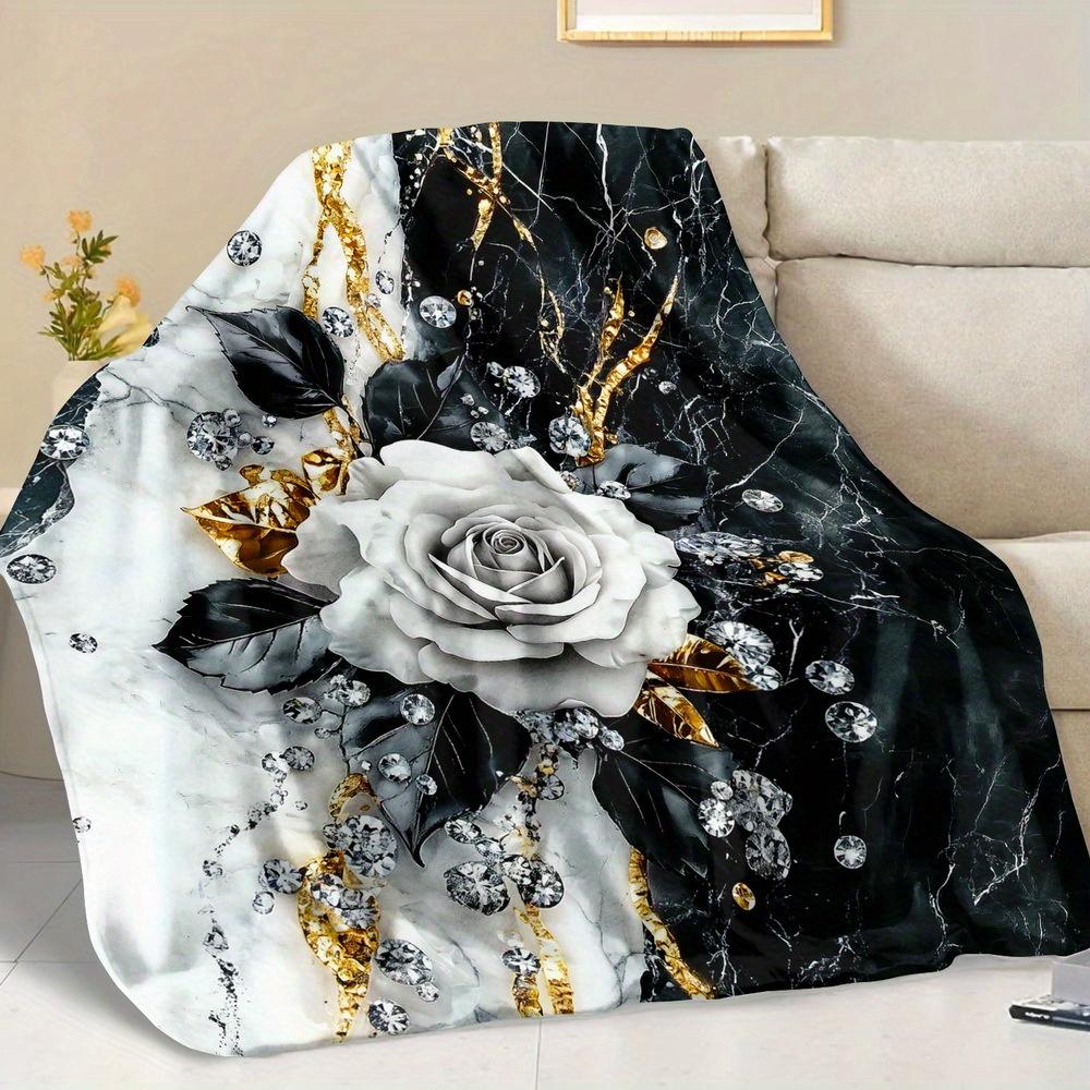 Black White Marble White Rose Flannel Throw Blanket Gold Vein Diamond Floral Decor Blanket