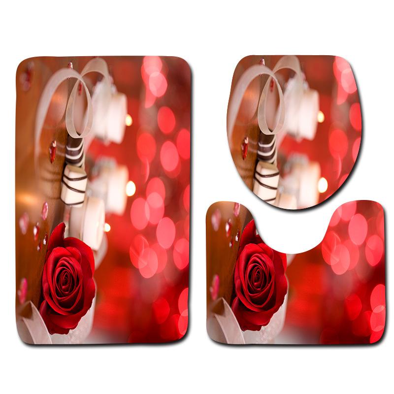 Beautiful And Romantic Valentine'S Day Bathroom Toilet Floor Mat 3-Piece Set