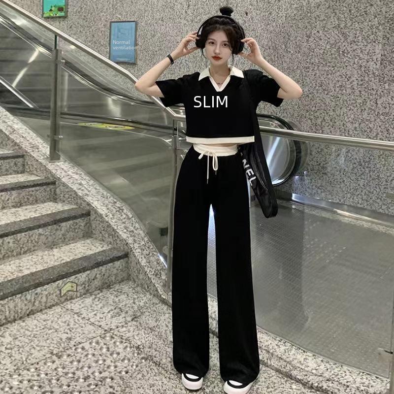 Женский летний спортивный повседневный костюм-двойка: Рубашка поло и брюки-драп