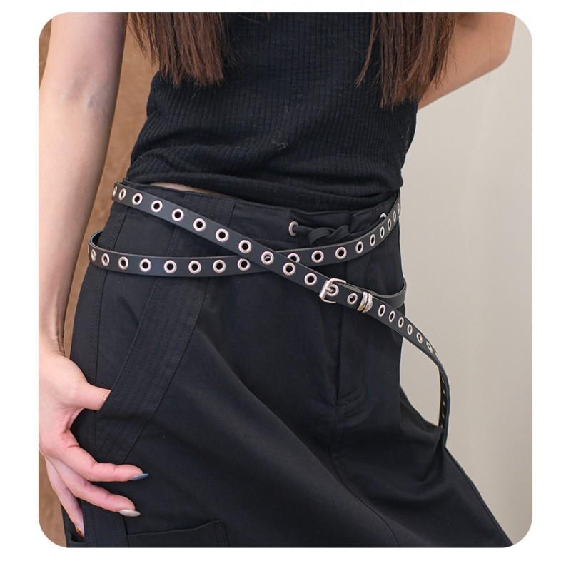 Slim Red Y2K Punk Belt Women No-Drill Installation PU Leather Dual-Layer Waistband Trendy Casual Accessory