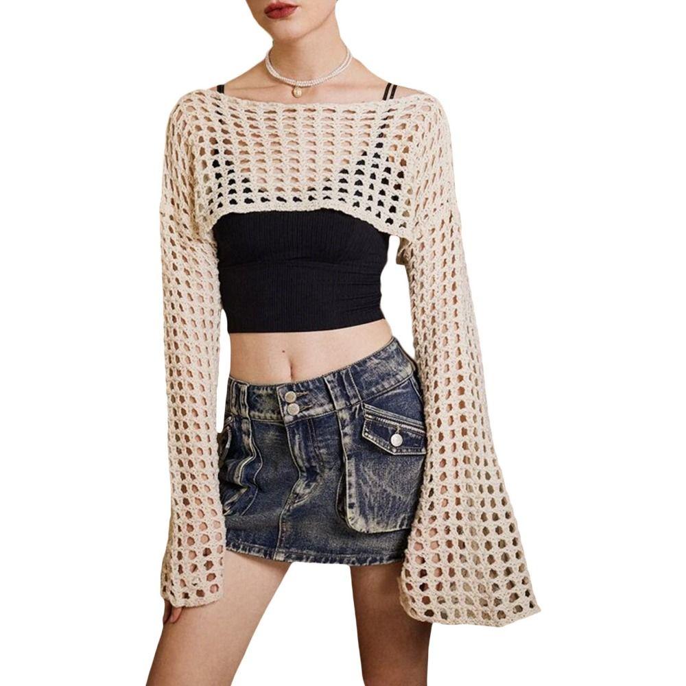 Soft Round Neck Shrug Pullover Y2K Knit Hollow Out Crop Top Women Crochet Crop Top Shopping