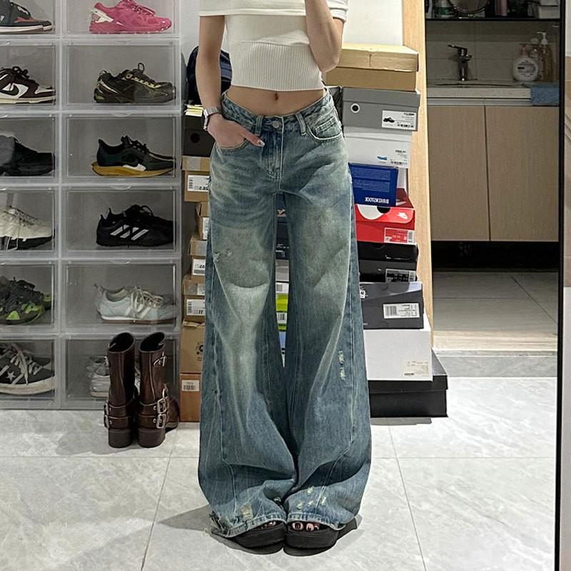 High Waist Wide Leg Distressed Denim Jeans Women Plus Size Loose Straight Flare Pants Blue Cotton 2025