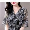Loose French Style Black Shirt for Women, Oversized Chiffon Blouse Spring Summer Mom V-Neck Top