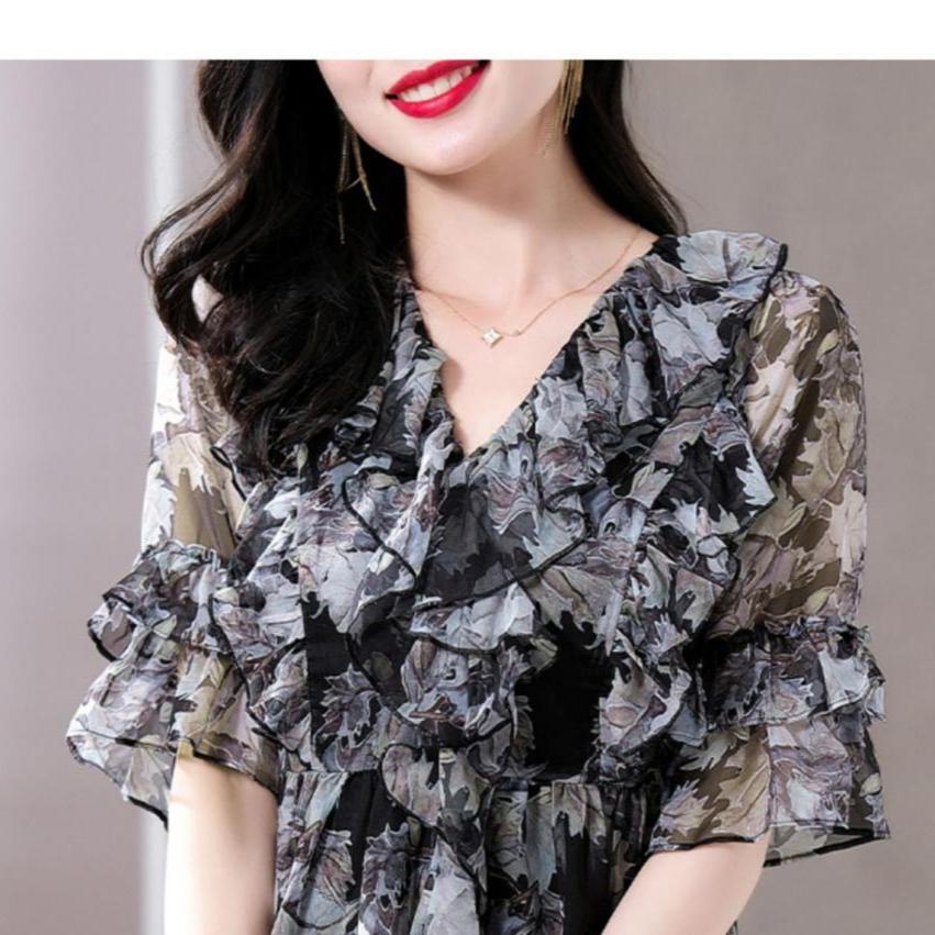 Loose French Style Black Shirt for Women, Oversized Chiffon Blouse Spring Summer Mom V-Neck Top