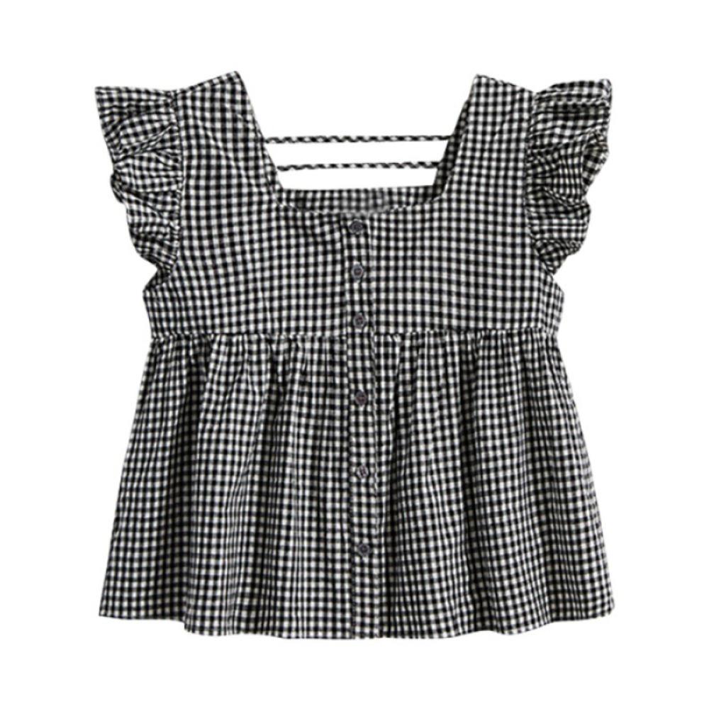 Оборки Милый свободный топ без рукавов с летящими рукавами Укороченный топ Шикарные клетчатые блузки для женщин и девочек