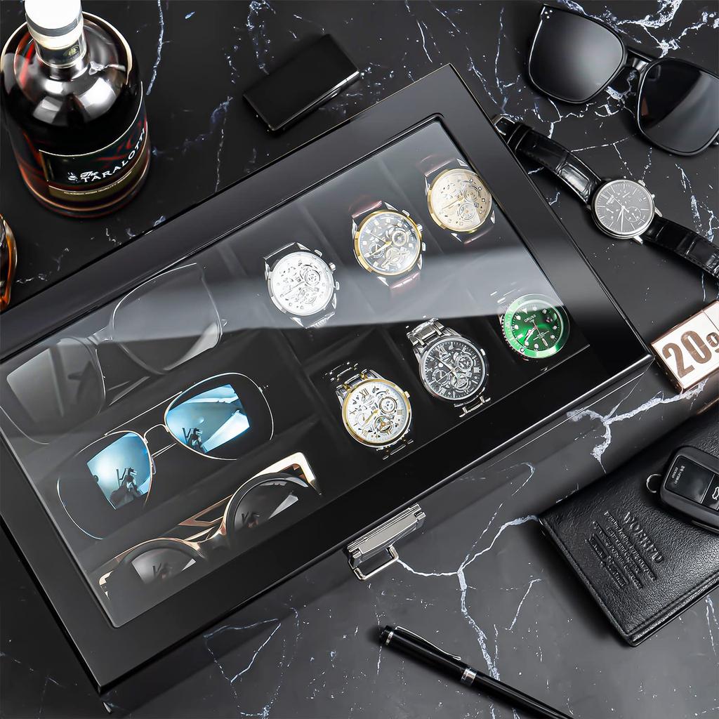 ProCase Роскошная деревянная витрина для ювелирных изделий, часов и солнцезащитных очков с прозрачной стеклянной крышкой и большой вместимостью, идеальный подарок, мужская шкатулка, 2-ярусный ящик,