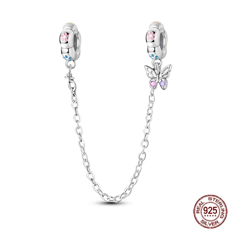 S925 стерлингового серебра милые фиолетовые подвески кошка собака бабочка цветок цепочка безопасности подвески подходят оригинальный браслет своими руками