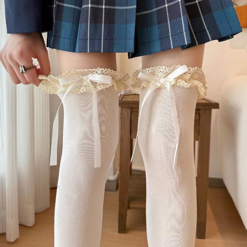 Японские Женские Кружевные Черно-Белые С Оборками Длинные Носки Kawaii Лоли Мягкая Девочка Сладкие Чулки JK Лолита Леггинсы Выше Колена Бантик