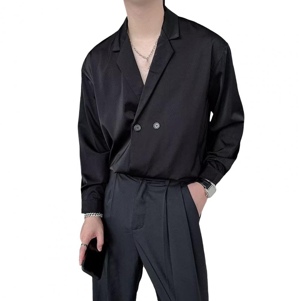 Spring Men Shirt Turn-down Collar Ice Silk V Neck Loose Double Buttons Solid Color Baggy Loose Soft Breathable Long Sleeves Male
