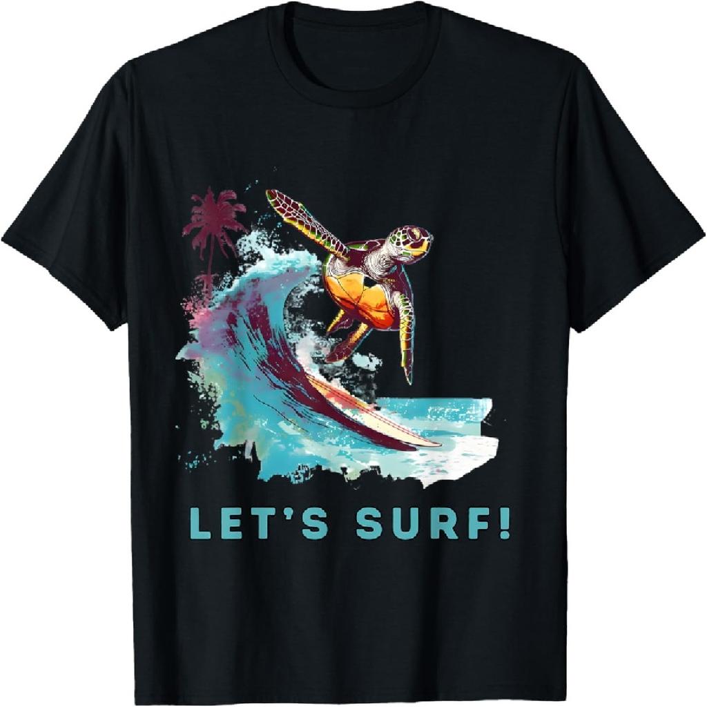 Ретро-футболка с черепахой для серфинга на побережье - Let's Surf