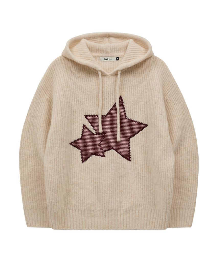WAIKEI Big Star Check Applique Hoodie Knit Ivory