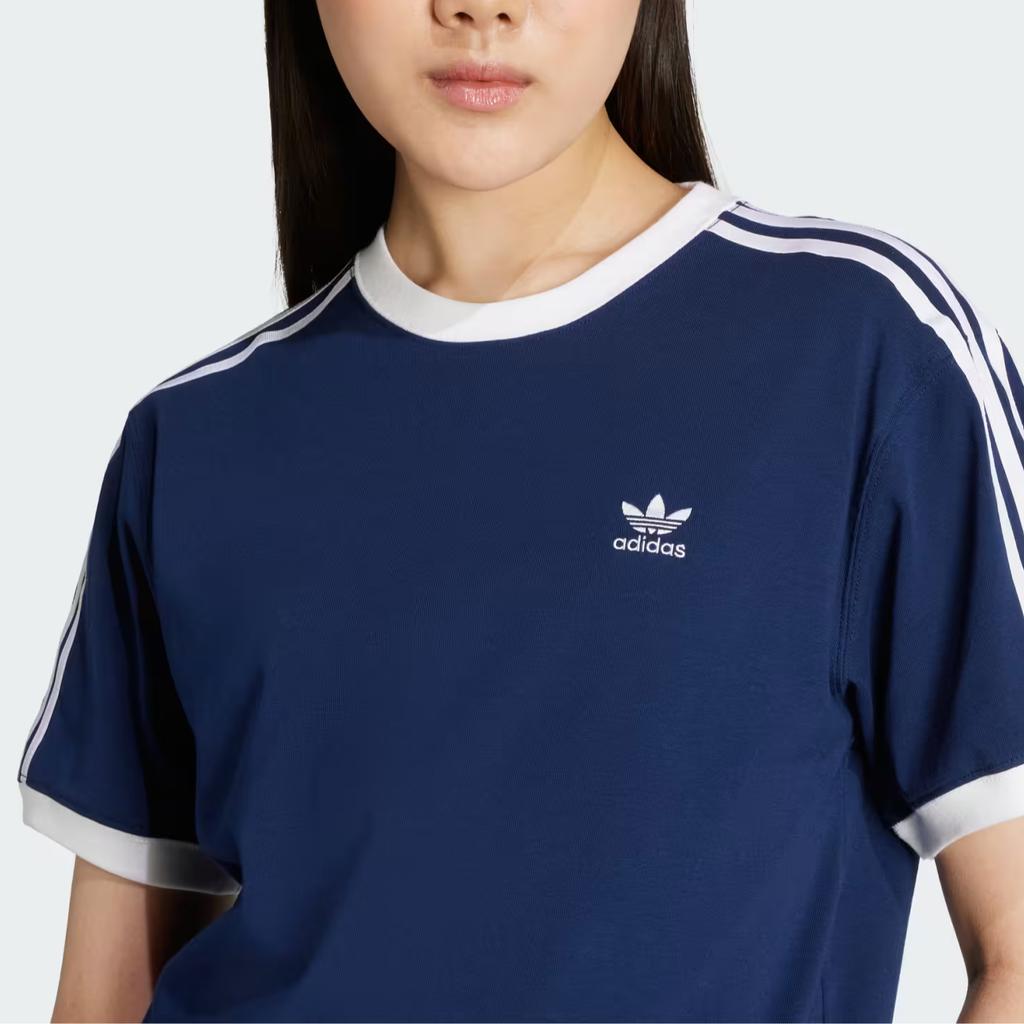 adidas Оригинальная полосатая футболка с логотипом, круглым вырезом, коротким рукавом, обычного кроя, женские топы, темно-синий JY4852
