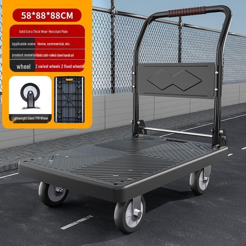 Heavy-duty Folding Flatbed Cart: Silent Four-Wheeled Hand Truck for Pulling Goods and Household Moving.