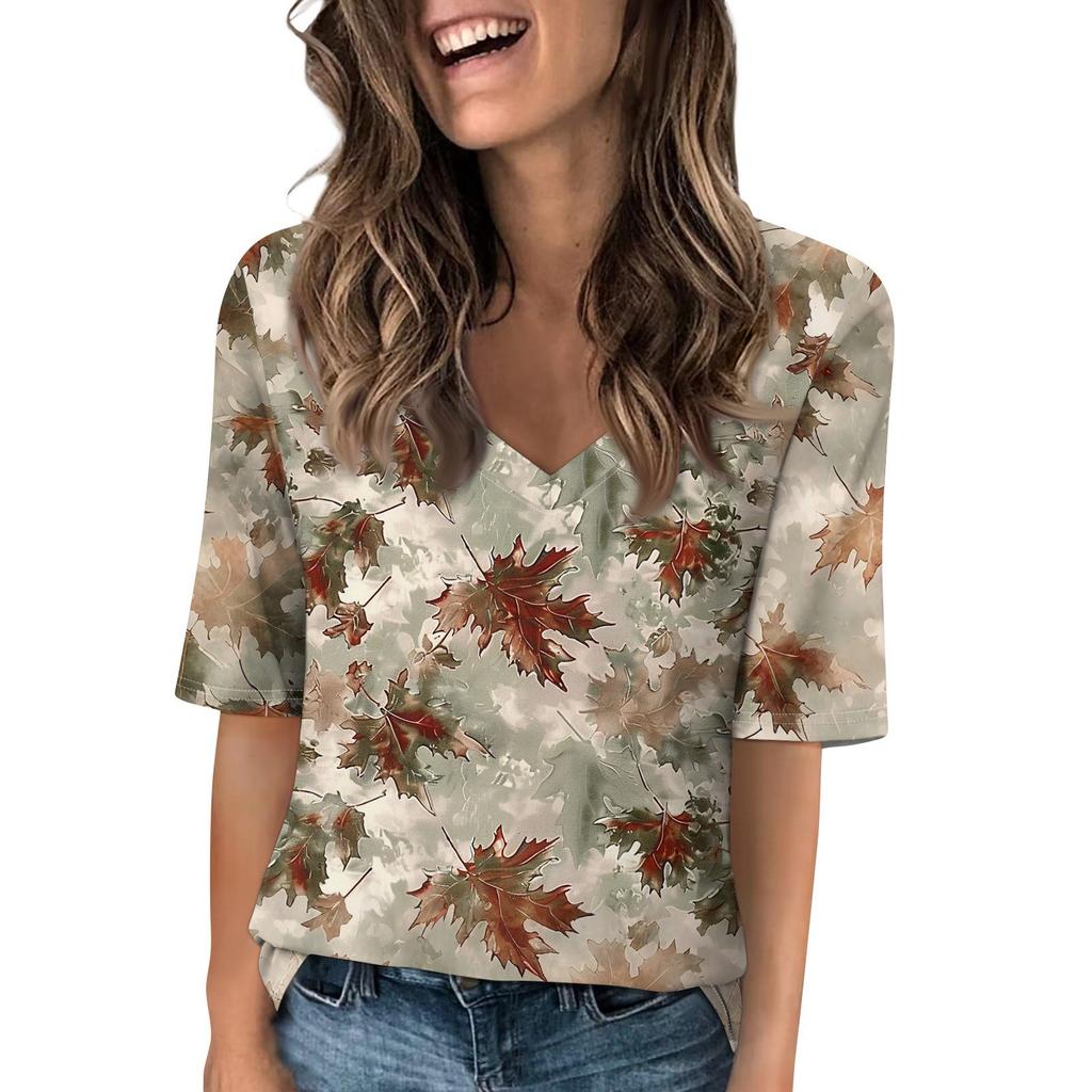 Shirts For Women Trendy V Neck T Shirts Casual Printed Blouse Half Sleeve Tops For Women