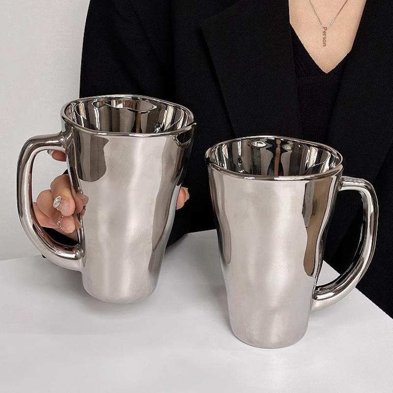 Silver Coffee Mug With Handle Stylish Milk Cup Polished Stainless Steel For Office Home Everyday Use