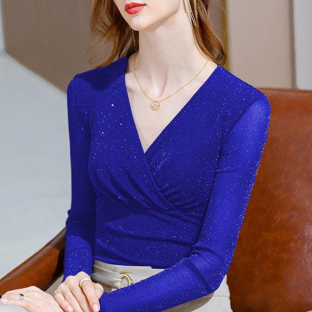 Новая яркая шелковая сетчатая футболка женская с длинными рукавами рубашка весна-осень бант на талии V-образный вырез пуловеры топ