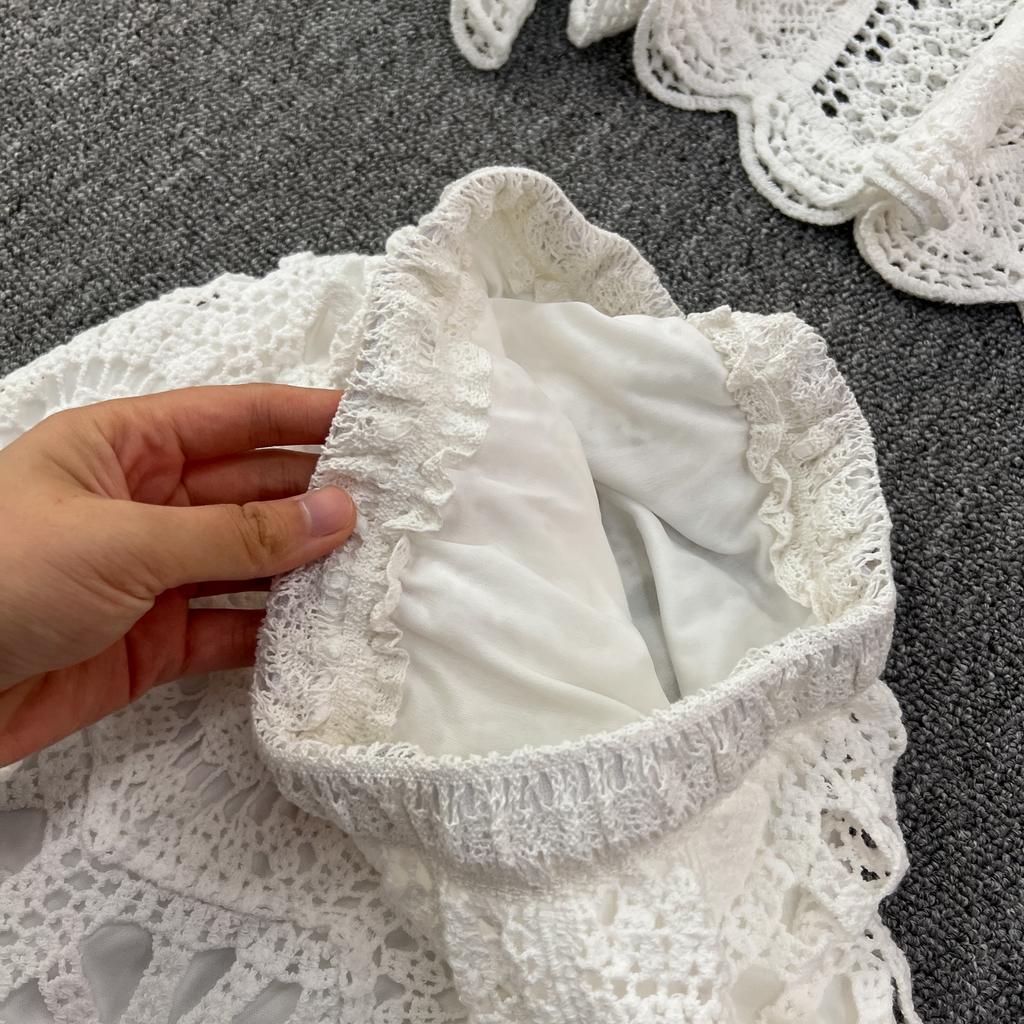 Dimanaf New 2025 Skirt Suit Women Knitting Beach Short Sleeve Lace Hollow Out Sexy O-Neck Hollow Summer Style Tops Tees Loose Basic