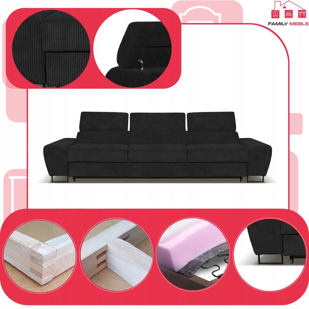 Sofa kanapa 3 os rozkładana z f. spania Savio Family meble czarny sztruks