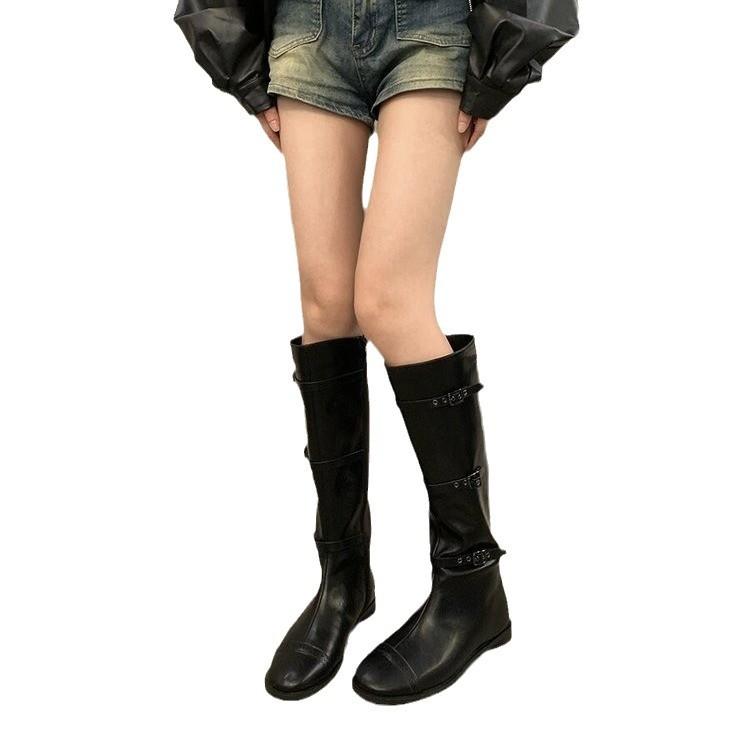 Walk Show Belt Buckle Boots Women'S Flat Heel Long Tube But Knee Retro Martin Knight Boots Western Cowboy Boots