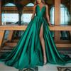 2022 Sexy V Neck Satin Evening Dresses Spaghetti Strap Side Slit Prom Dress High Waist Evening Gowns Party Dress Robe De Soiree