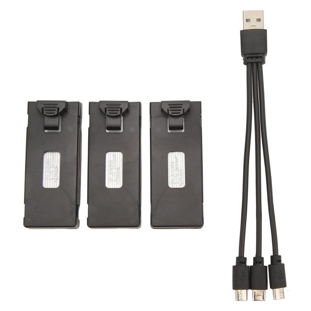 3pcs RC Aircraft Lithium Battery Kit Light Charging Cable Set for E88 E88Pro LS E525 E525Pro 3.7v