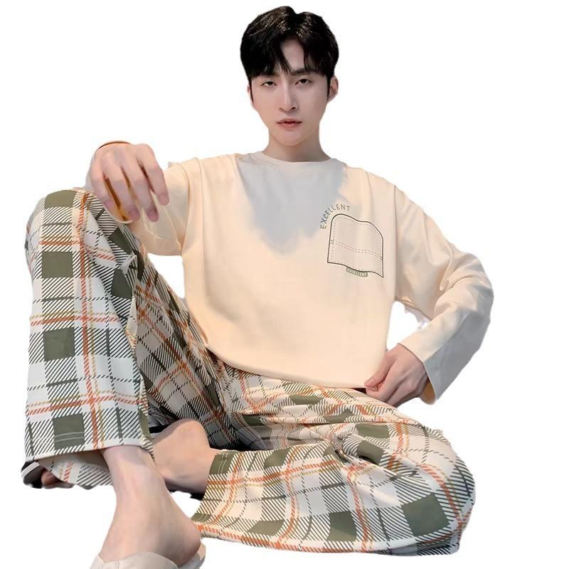 Коллекция мужских пижам Осень-зима Клетчатая однотонная студенческая пижама, домашняя одежда, топы и брюки, пижамы, одежда для отдыха