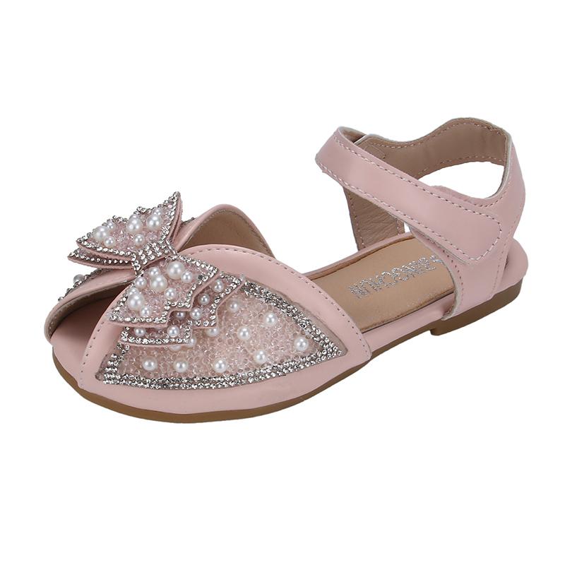 Girls Princess Sandals Peep Toe Kids Toddlers Elegant Rhinestone Sandals Fashion Children Pearls Performance Shoes with Bow-knot