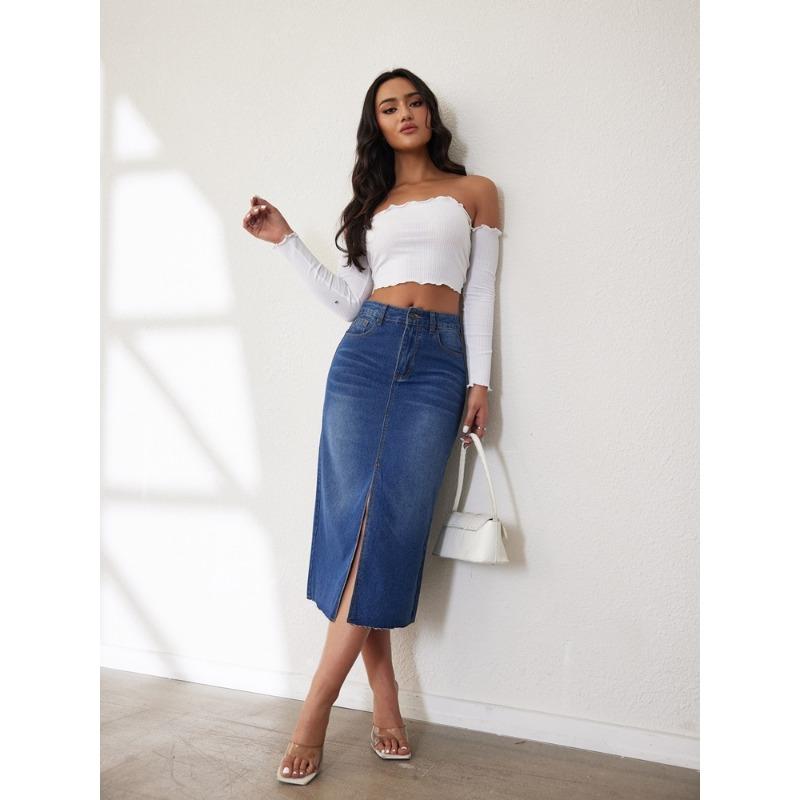 Женская джинсовая юбка, винтажная эластичная джинсовая полуюбка средней длины с разрезом, полуюбка