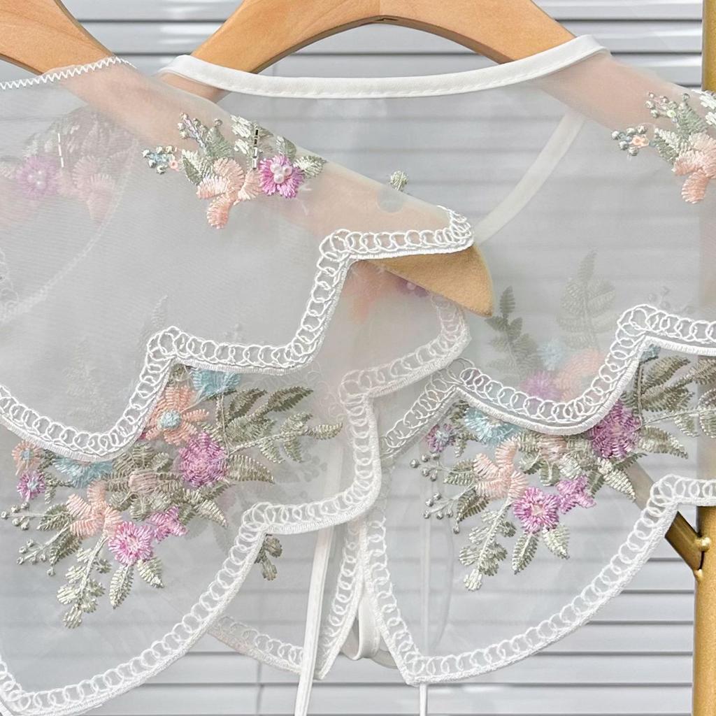 Elegant Organza Colorful Floral Embroidered Beaded Faux Collar for Fashionable Women Detachable Collar Shawl Capelet