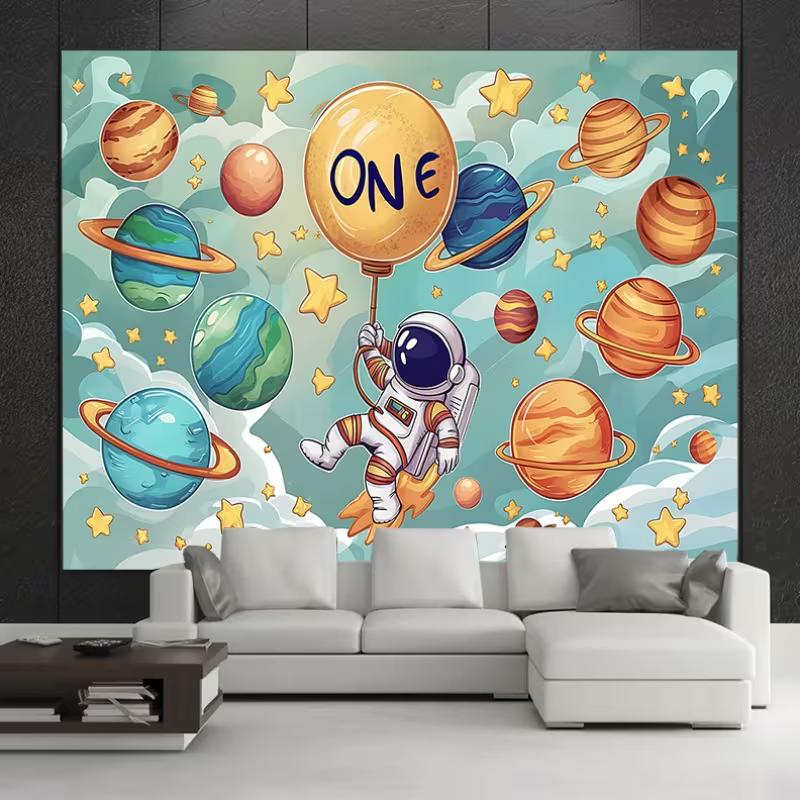 2D Space Themed 1st Birthday Backdrop, Planets & Astronaut Background for Photoshoot