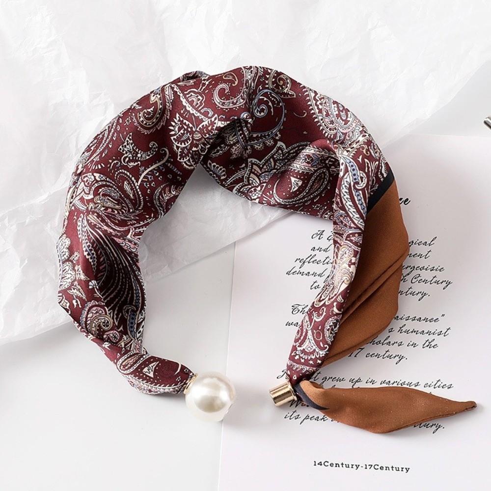 New Pearl Buckle Silk Scarf Printed Soft Neck Scarf Lightweight Thin Neckerchief Women