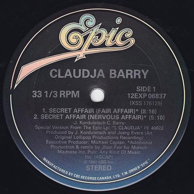 12-дюймовая пластинка CLAUDJA BARRY Secret Affair 12EXP06837 Epic 1987 Канада Танцевальная Электроника Б/у