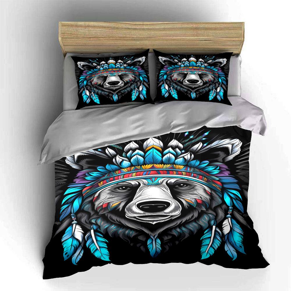 Bear face, colorful feathers. Bedding sets Duvet cover sets Duvet covers Pillowcases(1*Duvet Cover 2*Pillowcases without duvet insert)