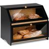 Double Layer Large Bread Box for Kitchen Counter, Wooden Large Capacity Bread Storage Bin (Black)
