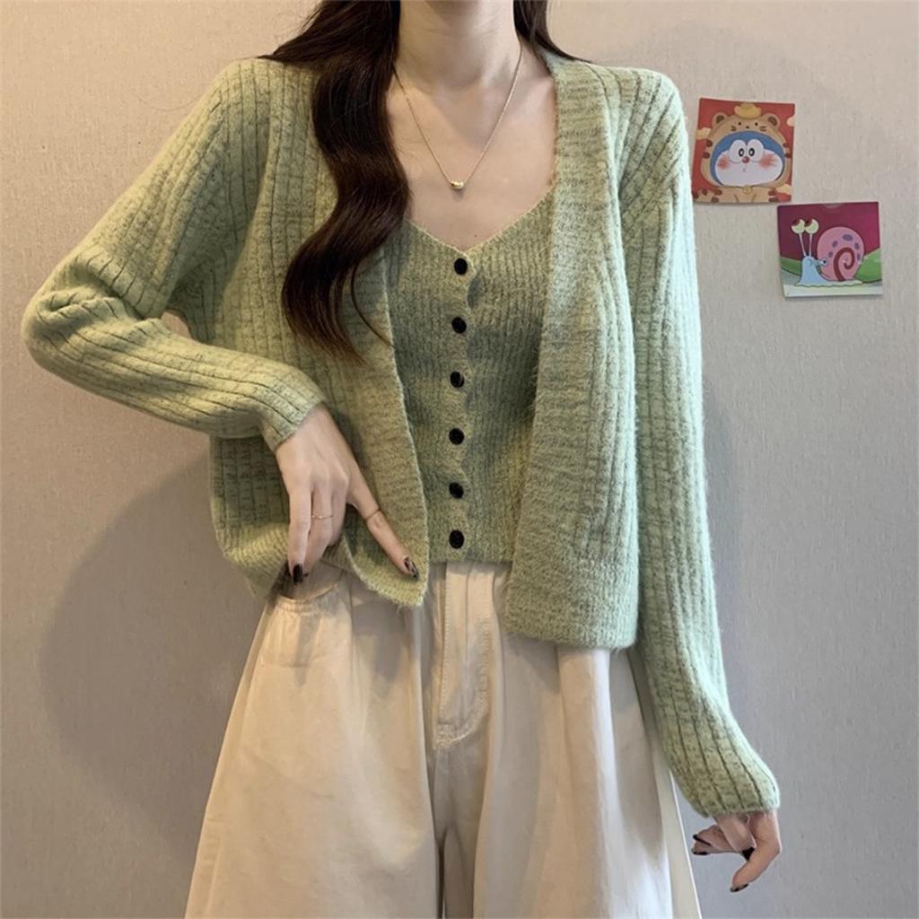2025 Autumn and Winter New Retro Chic Camisole Vest Knitted Cardigan Two-Piece Set Women's Top Slimming Versatile Set