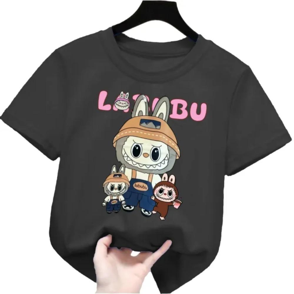 Новая детская футболка Labubu Шахтер LABUBU Уродливый и милый узор Для девочки Круглый вырез Короткий рукав Повседневная Универсальная одежда
