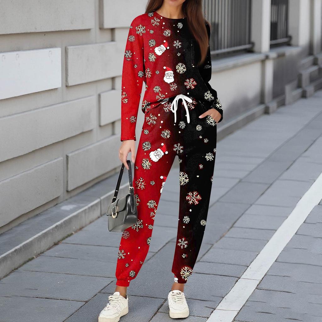 Комплекты для женщин из 2 предметов: футболки с круглым вырезом и длинным рукавом, принтованные спортивные брюки с карманами