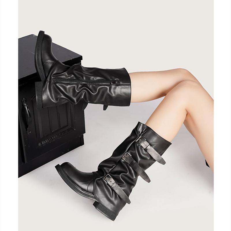 Винтажные женские мотоботы до середины икры из мягкой кожи с ремешком и пряжкой, модные ботильоны на толстом высоком каблуке, осенне-зимние ботинки в рыцарском стиле