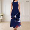 Women Plus Size Sleeveless Long Dress Round Neck Triple Keyhole Cutout Eagle Flag Print Red Blue White