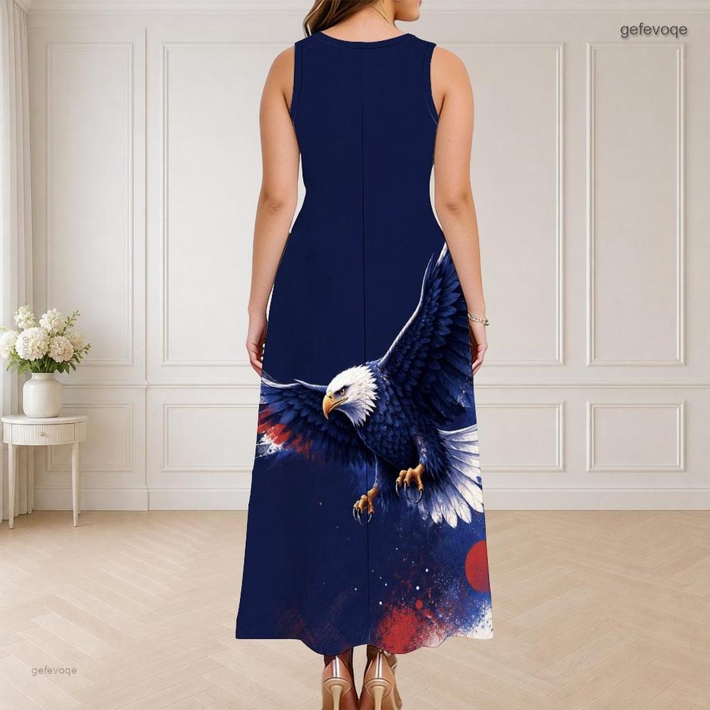 Women Plus Size Sleeveless Long Dress Round Neck Triple Keyhole Cutout Eagle Flag Print Red Blue White