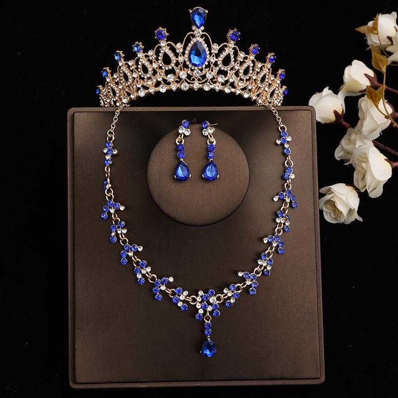 DIEZI Baroque Bridal Rhinestone Crown Tiaras For Women Wedding Princess Queen Blue Crystal Tiaras Necklace Earrings Jewelry Sets