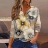 Женская модная повседневная футболка с v-образным вырезом и декоративными пуговицами, рукавом три четверти, с цветочным принтом, топ