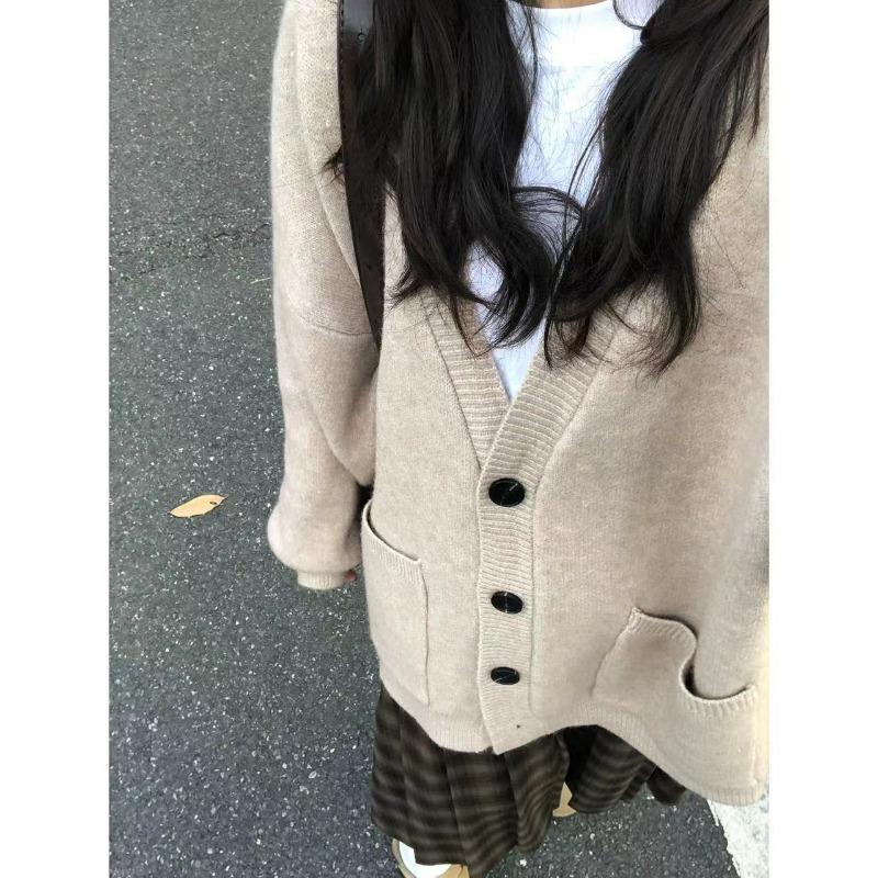 Мягкий восковой ленивый свитер-жакет с V-образным вырезом и длинными рукавами для женской осенне-зимней повседневной верхней одежды свободного кроя, вязаный кардиган для женщин