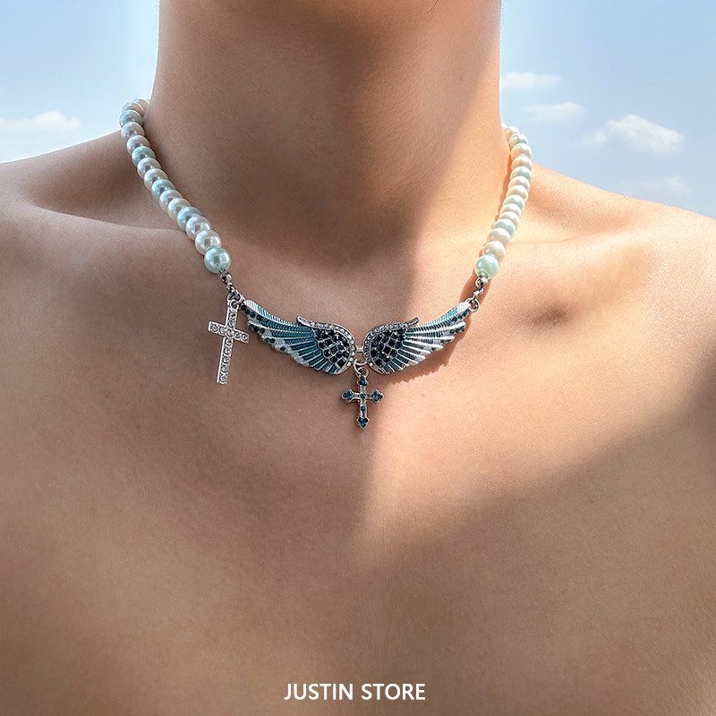 Shijia Pearl Necklace Men's Angel Wings Inlaid Zirconium Clavicle Chain European and American All Match Personality Fancy Cross Men's Chain