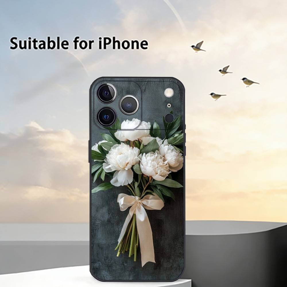 Элегантный чехол для телефона с пионами F-Flower для iPhone 17,16,15,14,13,12,11 Plus,Pro Max,XS,Мягкий силиконовый черный чехол