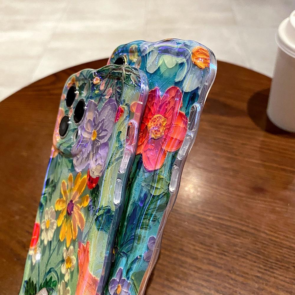 For Iphone 15 Pro Max Oil Painting Flowers Phone Case For iPhone 12 13 14 Pro Max 12promax 15pro 13promax Soft IMD Shockproof Bumper Wavy Frame Cover