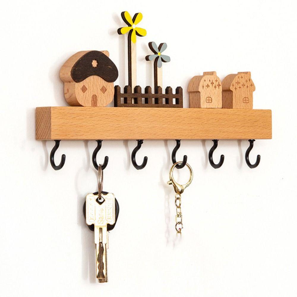 6 Hooks Key Storage Holder Wooden Sundries Storage Shelf Home Decor Accessory Coat Rack Towels