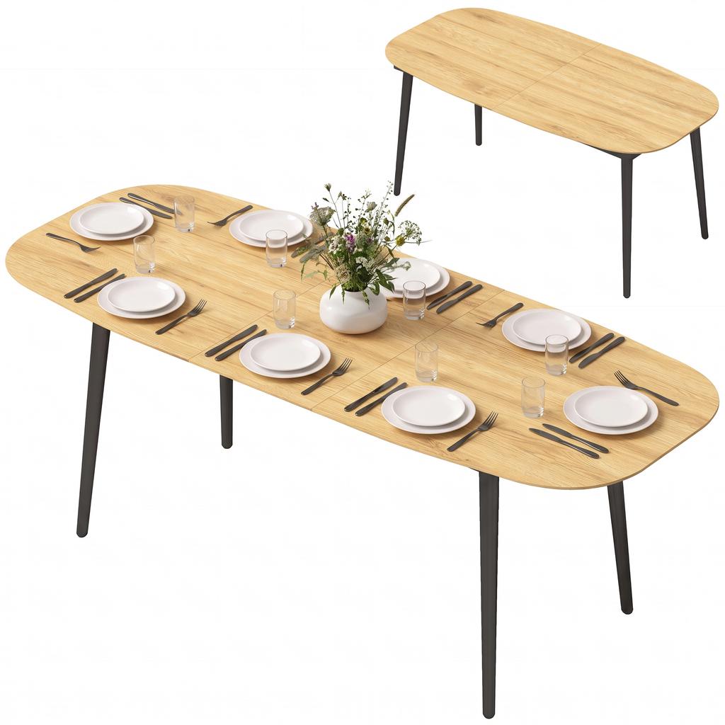 Extendable dining table for 6-8 people, kitchen table with storage, oak wood look