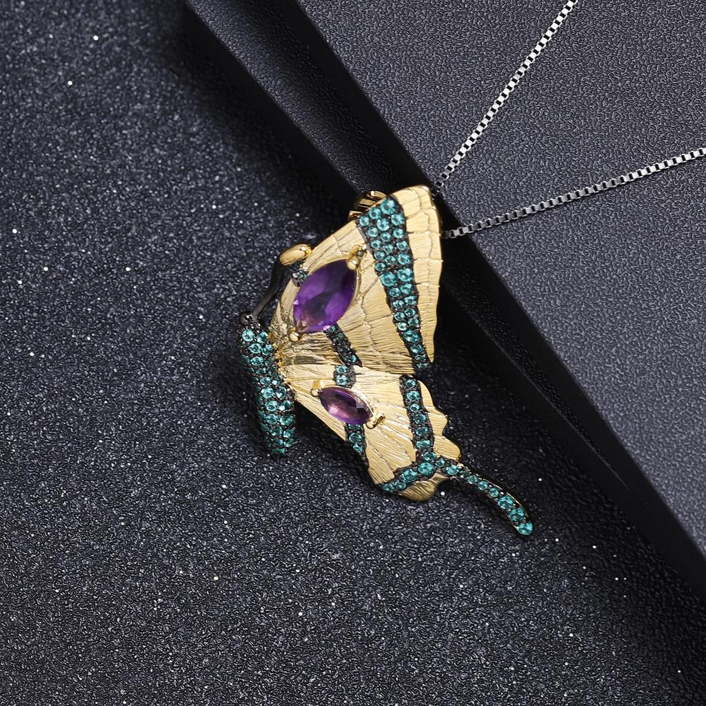 Оригинальная дизайнерская брошь-подвеска двойного назначения, дизайн бабочки в стиле ретро, ​​серебро s925, ожерелье с натуральным аметистом, кулон